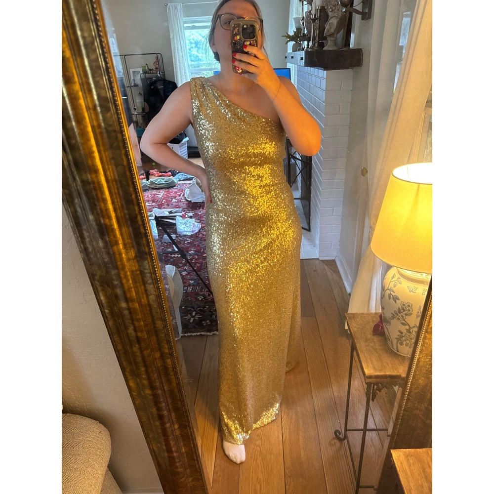 Christina Wu Gold Sequin One Shoulder Formal Gown Dress 22752 Size 8 Cocktail